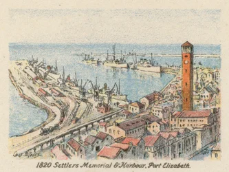 RPA: Pomnik osadników i port w Port Elizabeth z 1820 r. (kolorowa litografia)