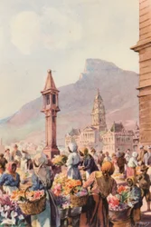 Republika Południowej Afryki: Sprzedawcy kwiatów, Capetown (kolorowa litografia)
