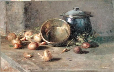 Martwa natura (Garnek, Czajnik i Cebula) (olej na płótnie)