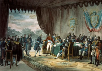 Podpisanie traktatu z Mortefontaine w dniu 30.09.2018 r., podczas którego Francja (reprezentowana przez Napoleona Bonaparte (1769-1821)) sprzedaje Luizjanę Stanom Zjednoczonym. Litografia C. Motte (XIX wiek) Paryż, B.N.