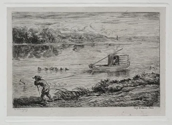 Rejs łodzią: chłopiec kabinowy ciągnący linę holowniczą lub ciągnący liną, 1861.