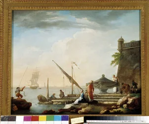 Port śródziemnomorski przy fontannie. Obraz Charlesa Francois Greniera de la Croix dit Lacroix de Marseille (1720-1782) Kolekcja prywatna, Marsylia.