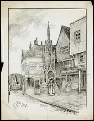 Widok z północno-zachodniej części Butter Cross, High Street, Winchester, Hampshire (pióro i atrament na papierze)