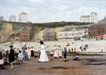 Na plaży. Grawerowanie przez Gillot około 1900.