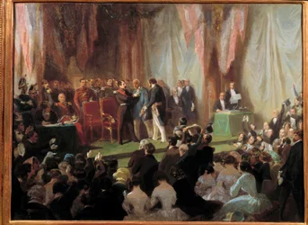 Książę-Prezydent Napoleon III dekorujący Legię Honorową Jean-Baptiste Pruvost, furman, 9 czerwca 1850 Obraz Saint-Quentin autorstwa Sebastiena Girauda (1819-1892) XIX-wieczne Musee du Chateau de Compiegne