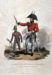 Oficer polowy inżynierów królewskich i prywatny saper z „Kostiumy armii Imperium Brytyjskiego według ostatnich przepisów z 1812 r.”, wydanej przez Colnaghi und Co. 1812-15 (kolorowe akwati