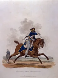 Szeregowiec z 13 pułku lekkich smoków, z „Kostiumy armii Imperium Brytyjskiego, według ostatnich przepisów z 1812 r.”, sztych. J.C. Stadler, wyd. Colnaghi und Co. 1812-15 (kolor.