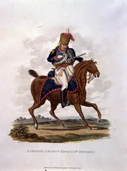 Szeregowiec XV lub Kings Hussars z „Kostiumy armii Imperium Brytyjskiego według ostatnich przepisów z 1812 r.”, sztychowane przez J.C. Stadlera, wydane przez Colnaghi und Co. 1812-15 (kolor