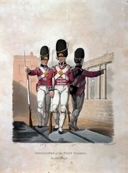 Grenadierzy Gwardii Pieszej w pełnym stroju, z „Kostiumy armii Imperium Brytyjskiego, według ostatnich przepisów z 1812 r.”, sztychowane przez J.C. Stadlera, wydane przez Colnaghi und Co. 1812-15 (c