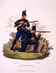 Mundur strzelców brytyjskich (60. i 95. pułk), z "Costume of the British Empire, according to the Last Regulations", opublikowanego w 1813 r. (akwatinta ręcznie kolorowana)