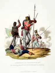 Mundur sierżanta i szeregowców 87. Pułku Irlandzkiego w służbie księcia Walii, z „Kostium Imperium Brytyjskiego, zgodnie z ostatnimi przepisami”, opublikowany w 1813 r. (kolor strony