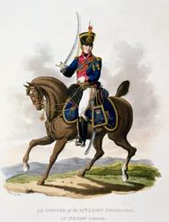 Mundur oficera 9. pułku dragonów lekkich w nakazie rewizyjnym, z „Kostium Imperium Brytyjskiego według ostatnich przepisów”, opublikowany w latach 1812-15 (akwatinta ręcznie kolorowana)