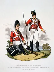 Mundur Grenadierów i Lekkiej Piechoty 20. Pułku Worcestershire, z „Kostium Imperium Brytyjskiego według ostatnich przepisów”, opublikowany w 1813 r. (akwatinta ręcznie kolorowana)