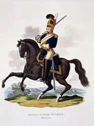 Mundur Królewskiej Gwardii Konnej „The Blues”, z „Kostium Imperium Brytyjskiego według ostatnich przepisów”, wydany w latach 1812-15 (akwatinta ręcznie kolorowana)