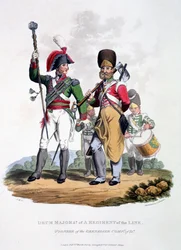 Mundury bębniarza pułku liniowego – pioniera kompanii grenadierów, z „Kostium Imperium Brytyjskiego według ostatnich przepisów”, wydanego w 1815 r. (akwatinta ręcznie kolorowana)