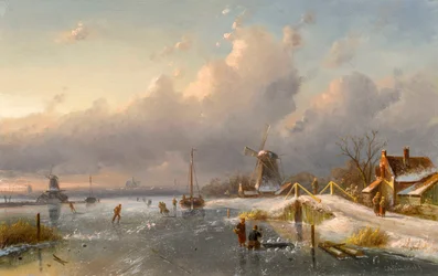 Zimowy pejzaż z wiatrakami i łyżwiarzami na zamarzniętym szlaku wodnym, lata 1840-50