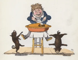 Chłopiec je ciasto, podczas gdy jego pies wykonuje akrobacje (kolorowy grawerunek)