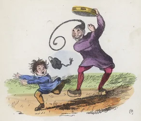 Chłopiec przestraszony Chińczykiem grającym na tamburynie (kolorowy grawerunek)