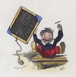 Chłopiec z rysunkiem koguta na tablicy (kolorowy grawerunek)