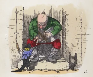 Mały czarny kot dzwoniący do męskiego dzwonka (kolorowy grawerunek)