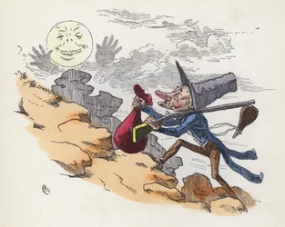 Mężczyzna wspinający się na wzgórze, by strzelać do Księżyca (kolorowy grawerunek)