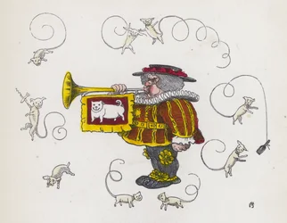 Wołacz miejski dmący w trąbę w otoczeniu psów z kręconymi ogonami (kolorowy grawerunek)