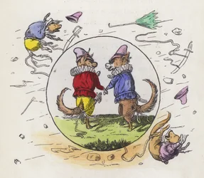 Dwa psy w kostiumach Tudorów wychodzą na spacer w wietrzny dzień, a ich opowieści są powiązane, aby nie zostały zdmuchnięte (kolorowy grawerunek)