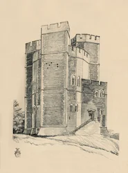 Zewnętrzna część zamku Orford, odrestaurowany Suffolk the Battlements, 1931