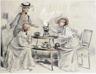 Panie pijące herbatę wokół małego samowara - rysunek Henri Tenré, ok. 1900 r. 1910