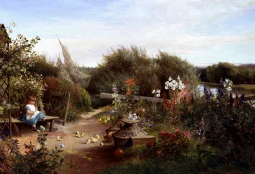 W ogrodzie. W ogrodzie, mała dziewczynka siedząca na ławce daje nasiona pisklętom. Obraz autorstwa Charlesa Jamesa Lewisa (1830-1892, Wielka Brytania) Kolekcja prywatna