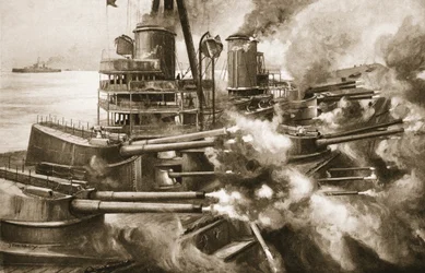 Gryząc wszystkimi zębami naraz: ogromna moc nowoczesnego pancernika, z "The Illustrated War News", 1915