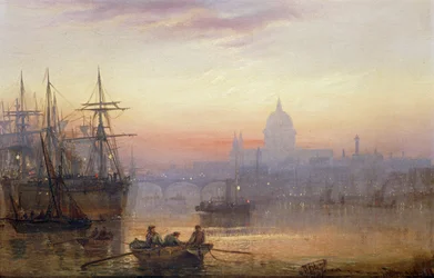 Port londyński o zachodzie słońca