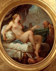 Danae przyjmuje złoty deszcz. Zeus uwodzi Danae pod postacią deszczu złotych monet.