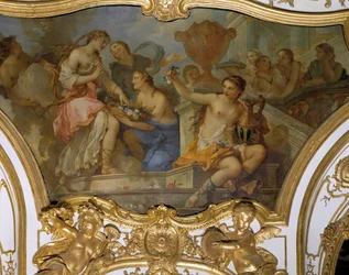 Historia Psyche: „”Nimfy ofiarowujące kwiaty w Psyche na progu pałacu Amour”” Malowidło na suficie autorstwa Charlesa Josepha Natoire (Charles-Joseph Natoire