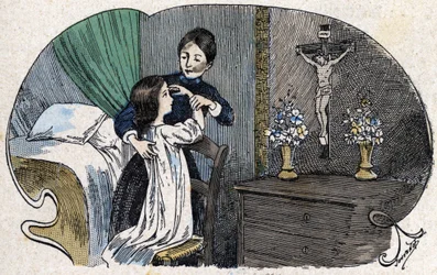 Znak krzyża. w „”Cała religijna władza – wierzę w bogów””, sd., ilustracja z końca XIX wieku Jouvenota. Biblioteka Katechizmów. Paryż. Kolekcja Leemage
