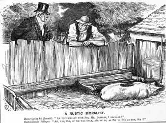 Kreskówka zatytułowana "Rustykalny moralista" przedstawiająca rektora, wieśniaka i wyjątkowo dorodną świnię.