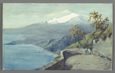 Widok na Etnę z Taorminy, Sycylia, 1925 (toaleta na papierze zamontowana na tekturze)