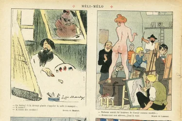 Ilustracja Chas-Laborde (1886-1941) w Le Rire, 21.03.08 - Meli-Melo - Sztuka, Nauczanie, Nagość - Modelka (która pozuje)