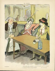 Ilustracja Chas-Laborde (1886-1941) w Le Smile, nr 9, 27.02.13 - Biznes - Kawiarnie, Moda, Kapelusz - Kupidyn, Chciwość - Kobiety