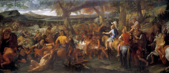 Aleksander i Poros. W 327 r. p.n.e. Aleksander Wielki kontynuował podbój w kierunku doliny Indusu. W 326 r. p.n.e. pokonał Puru (lub Porosa, króla plemienia Paurawa w IV wieku p.n.e.) i jego armię słoni bojowych w bitwie nad Hydaspesem.