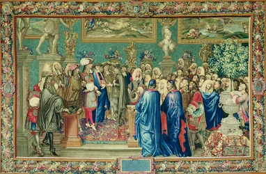 Audiencja udzielona przez Ludwika XIV (1638-1715) hrabiemu Fuentes, ambasadorowi królewskiemu Filipa IV Hiszpanii, w Luwrze, 24 marca 1662, Warsztat gobelinów (gobelin)