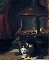 Kot pod płonącym rusztem, fragment śpiącego Dzieciątka Jezus, obraz Charles Le Brun (1619-1690), olej na płótnie, 87x118 cm, Francja