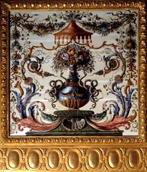 Dekoracyjny panel jadalni zamku Chateau de Vaux Le Vicomte (Vaux-le-Vicomte). Obraz Charlesa Lebruna (Le Brun) (1619-1690) 1656 Zamek w Vaux-le-Vicomte w Seine et Marne.