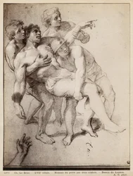 Półnagi mężczyzna wspierany przez trzech mężczyzn, studium do „Aleksander Wielki i Porus” lub „Klęska Porusa”, ok. 1665-73 (pierre noire i białe kredowe refleksy na beżowym papierze)
