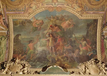 Król Ludwik XIV (1638-1715) bierze do ręki broń na lądzie i na morzu w 1672 r., malowidło sufitowe z Galerie des Glaces