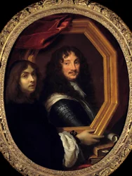 Portret artysty (lub autoportret) przedstawiający obraz wojskowy autorstwa Charlesa Lebruna (Le Brun) (1619-1690) XVII-wieczne Słońce. 1,04x0,85 m - Portret artysty (lub autoportret) trzymającego portret wojskowy. Obraz Charlesa Lebru