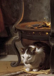 Sen Dzieciątka Jezus Szczegół przedstawiający kota śpiącego pod piecem. Obraz Charlesa Lebruna (Le Brun) (1619-1690) 1655 nd. 0,87x1,18m²