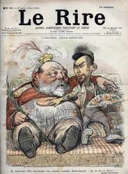 Sojusz Anglo-Japoński (Japanese Anglo 1902) Dyplomacja właśnie zrodziła potwora, nową Radicę-Doodicę: kto będzie dziekanem? - Król Edward VII - KARYKATURA 1902 autorstwa Charlesa LEANDRE (1862-1934) za "Śmiech"
