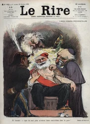 Emile Loubet - Darmowe Prezydenckie Emerytury - Panie Loubet - Ciężko mi wbić ich przekonania w skórę! - (Charles Leandre (1862-1934) kpi z państwa, kościoła i wojska przy łóżku prezydenta LOUBETA, pokryty makonicznymi i innymi znakami) karykatura