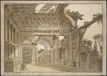 Projekt malowideł w celi Ojca Lesueura w klasztorze Santissima Trinita dei Monti w Rzymie - Charles Louis Clerisseau (1722-1820). Pióro, pędzel, tusz szaro-brązowy, kolor biały na papierze, ok. 1760. Wymiar: 36,9x53 cm. Pustelnia Państwowa,